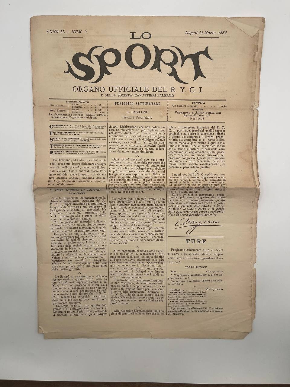 1881 Newspaper Lo Sport Sicily Canottaggio Boating – C32
