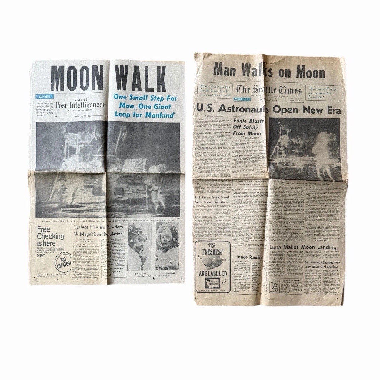 July 1969 Apollo 11 Moon Landing Seattle Times & P-I Front Page Sheets
