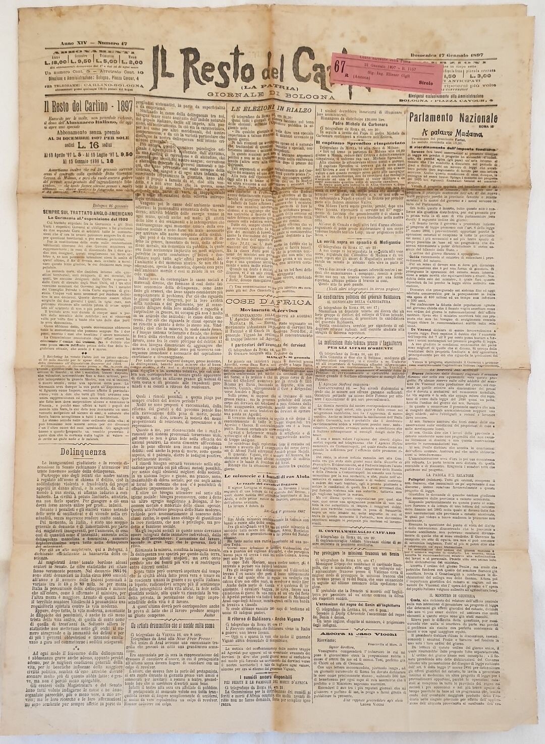 Il Resto Del Carlino 17 January 1897 Ras Alula Caso Vicchi Brini Regnoli Rizzoli