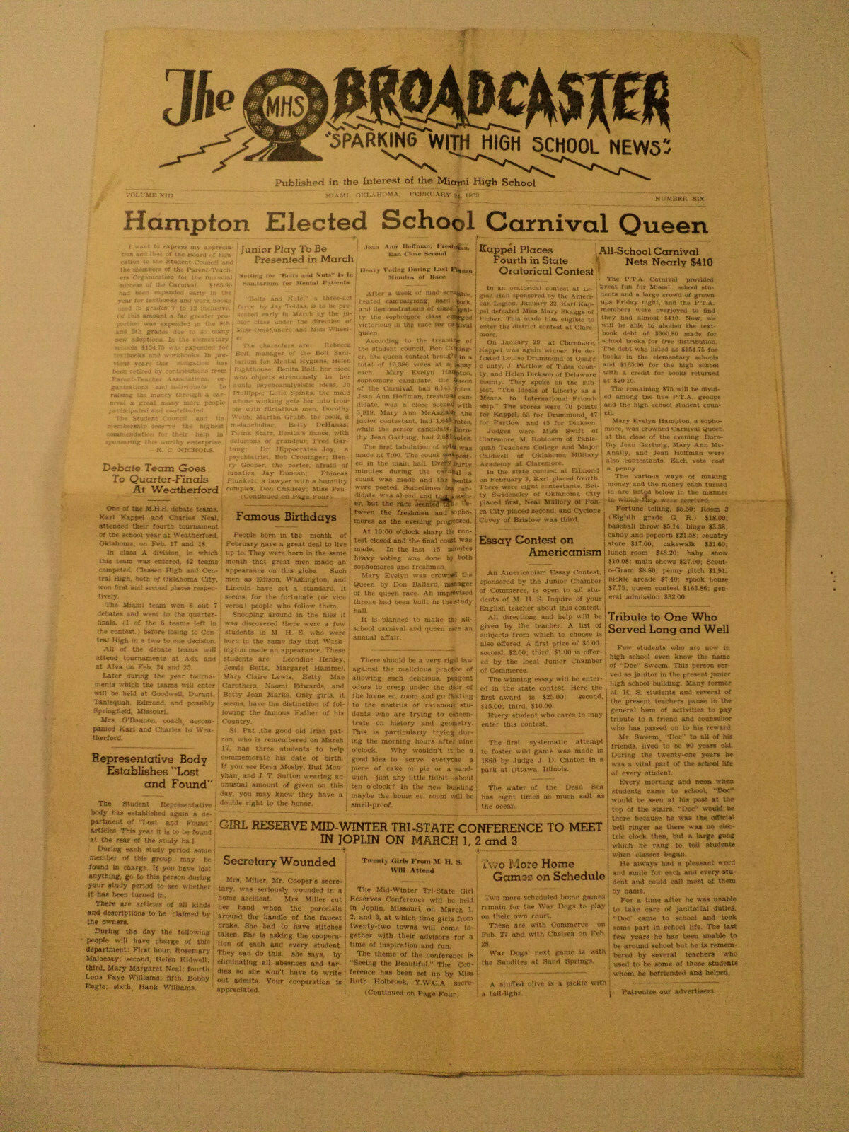 The MHS Broadcaster Vol 13 no 6 Miami Oklahom High School News Paper 02/24/1939