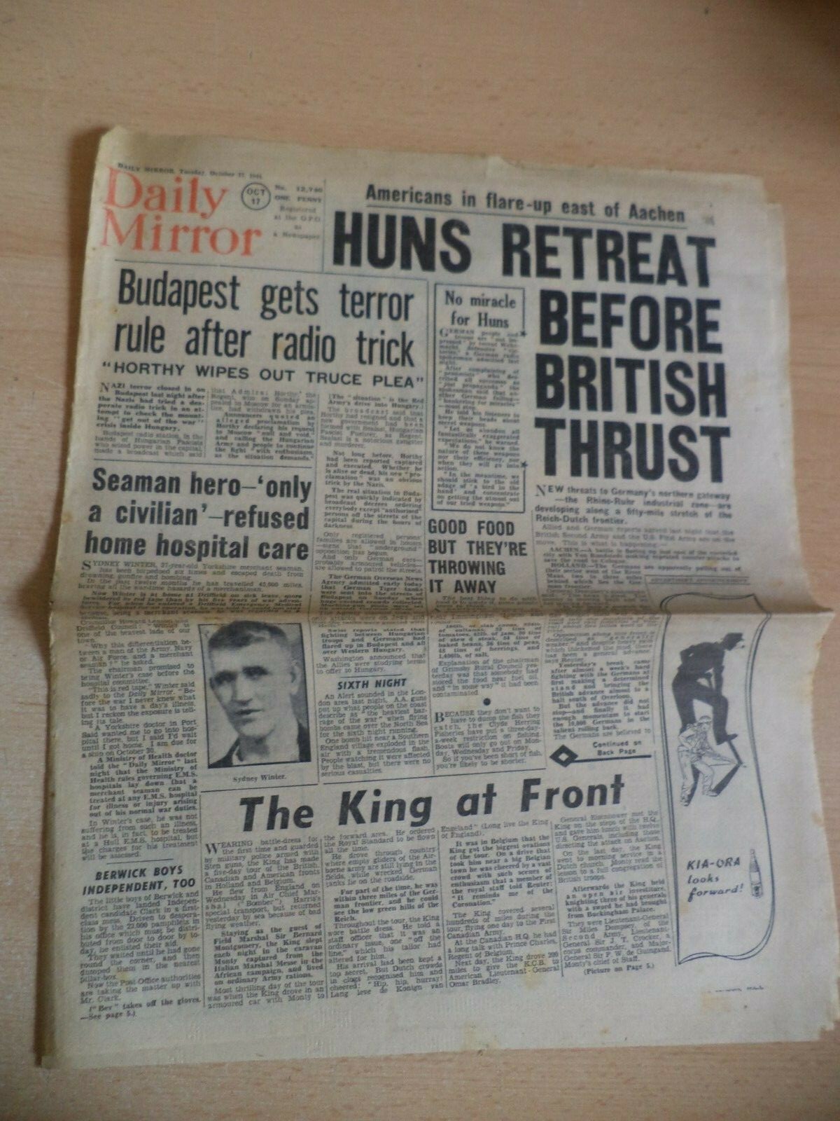 OLD VINTAGE ORIG NEWSPAPER 1940S daily mirror WW2 17 oct 1944 budapest aachen
