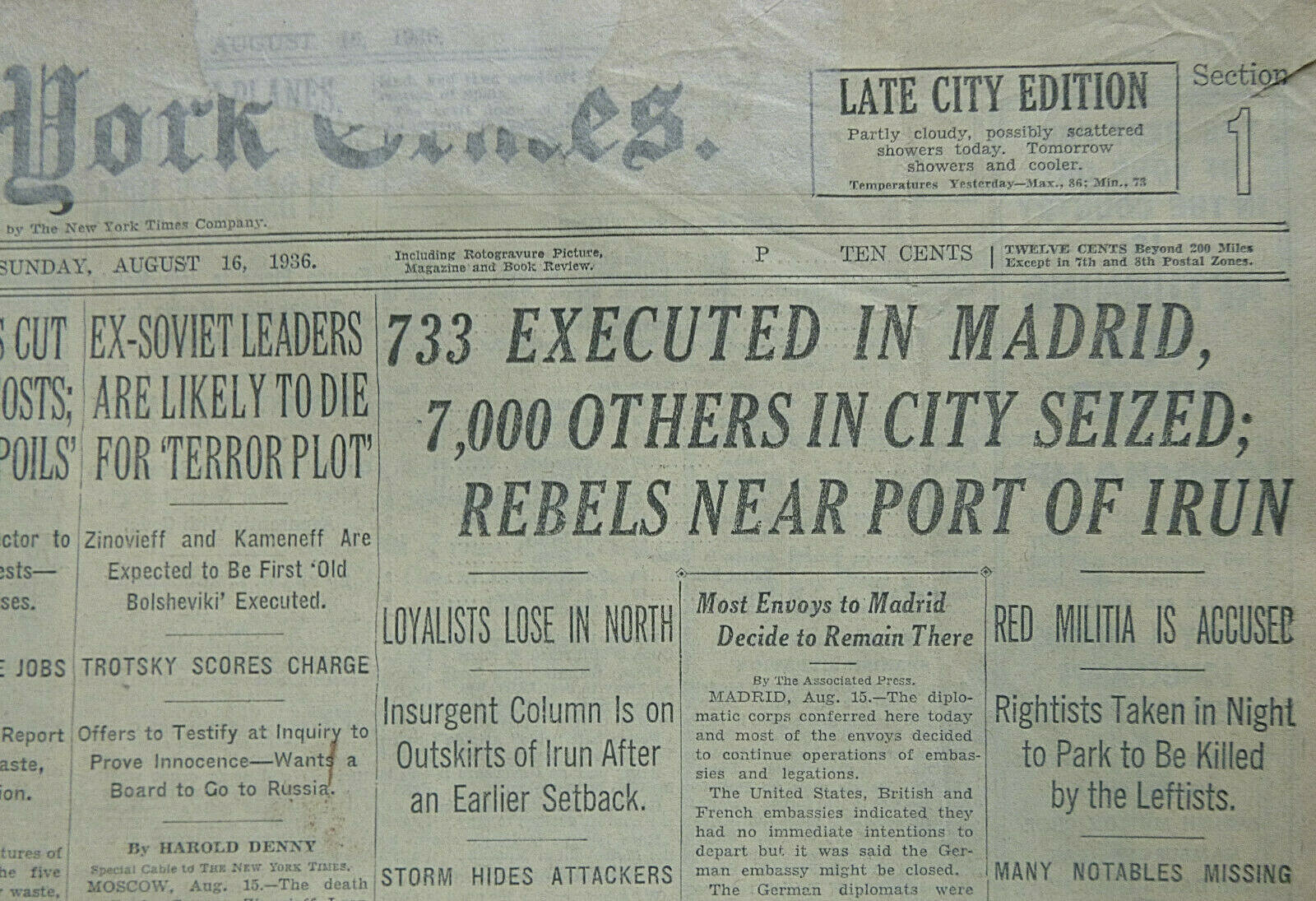 8-1936 August 16 SPAIN CIVIL WAR 733 EXECUTED IN MADRD, 7,000 SEIZED OLYMPICS