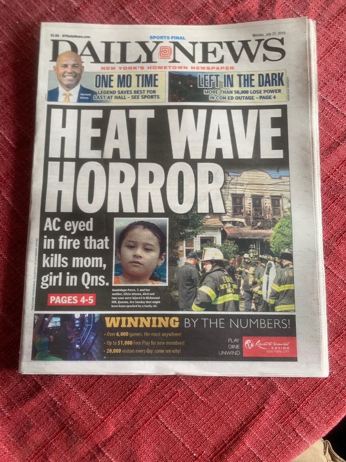 MARIANO RIVERA DAILY NEWS NEWSPAPER NY YANKEES HALL OF FAME INDUCTION 7/23/19