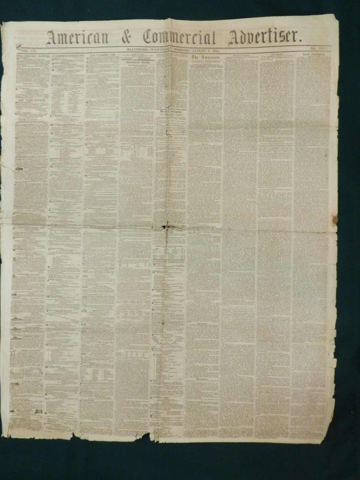 BALTIMORE AMER. ADVERTISER NEWSPAPER, August 9, 1854 Re: Fire in San Francisco!
