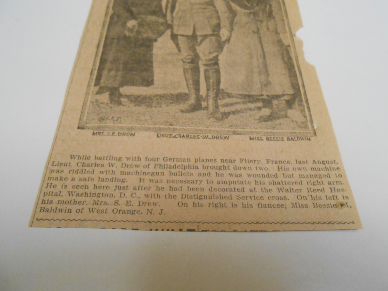 Charles Wallace Drew (1896-1979), Philadelphia WWI Pilot News Clipping
