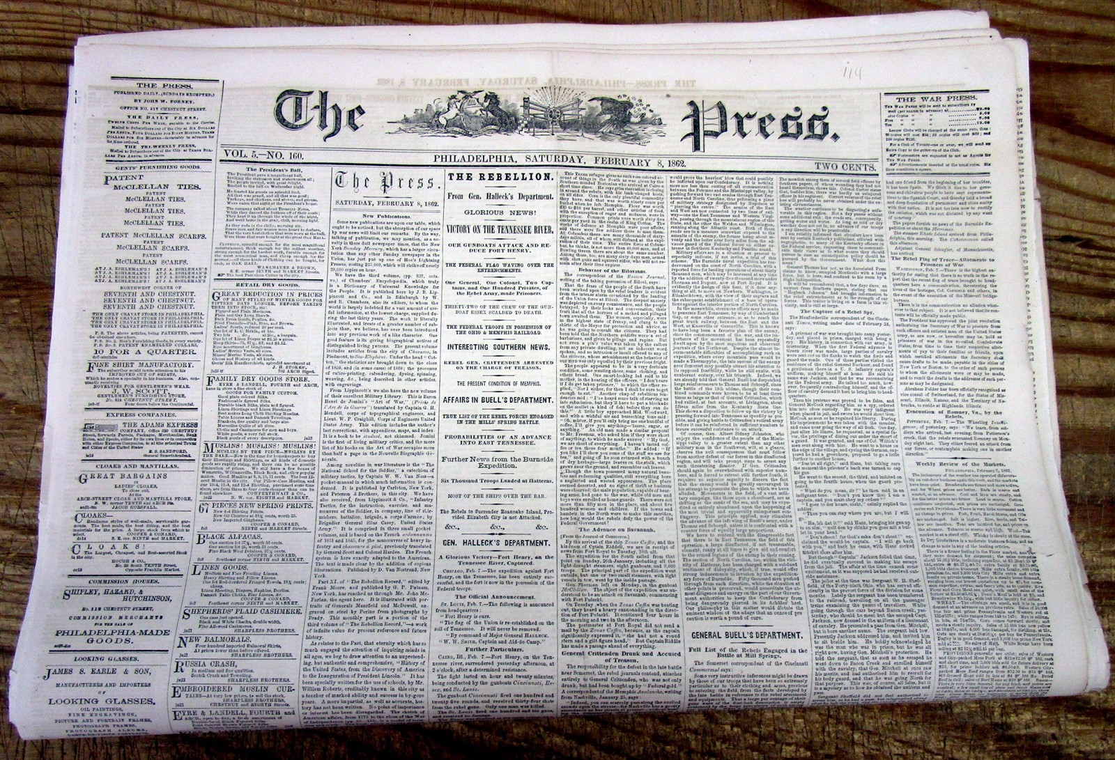 1862 Civil War headline display newspaper w UNION CAPTURE of FT HENRY Tennessee