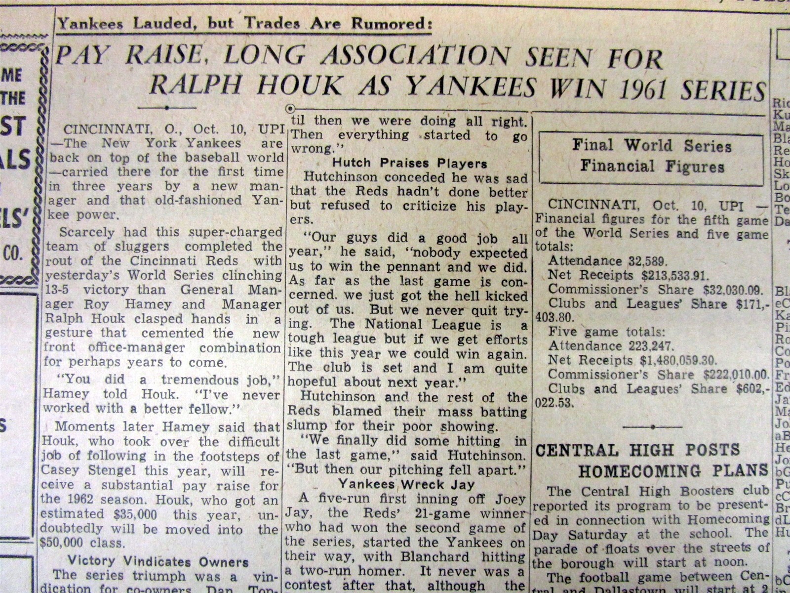 7 1961 newspapers NEW YORK YANKEES WIN baseball WORLD SERIES vs Cincinnati Reds