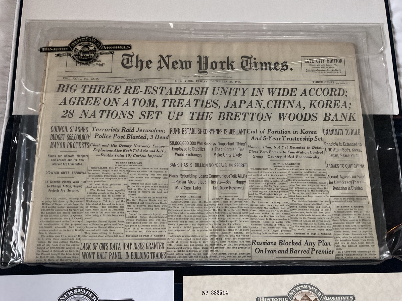 NEW YORK TIMES DECEMBER 28, 1945 PRESERVED BY HISTORIC NEWSPAPER ARCHIVES W/COA