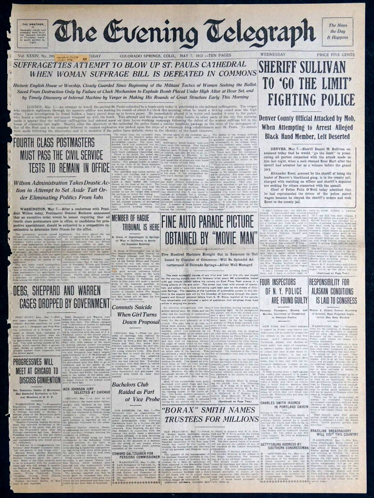 1913 Newspaper Front Page – Suffragettes Attempt To Bomb St. Paul’s Cathedral