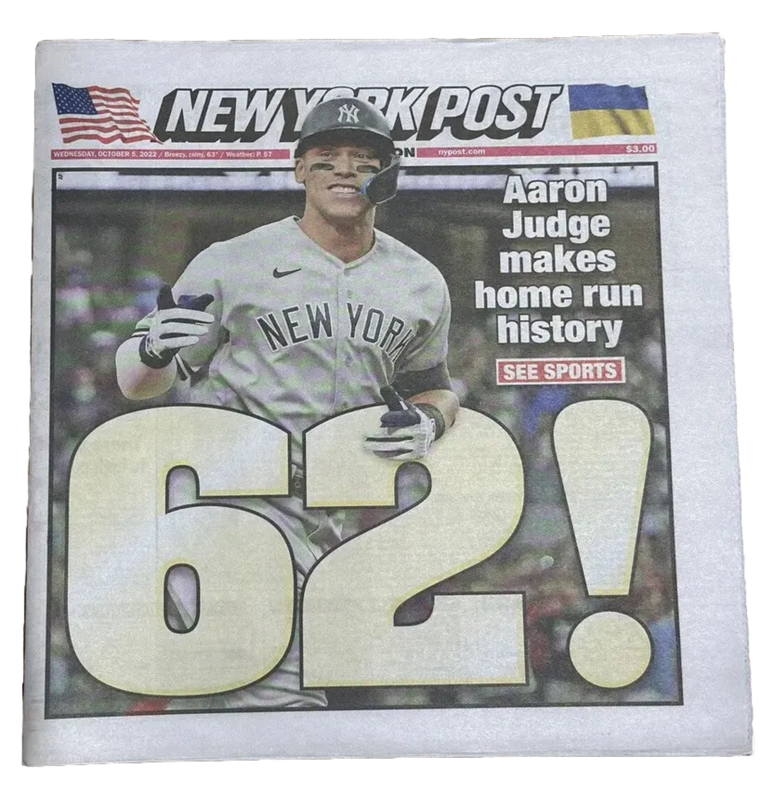 Aaron Judge 62 HR AL Record New York Post Newspaper 10/5/22 Yankees