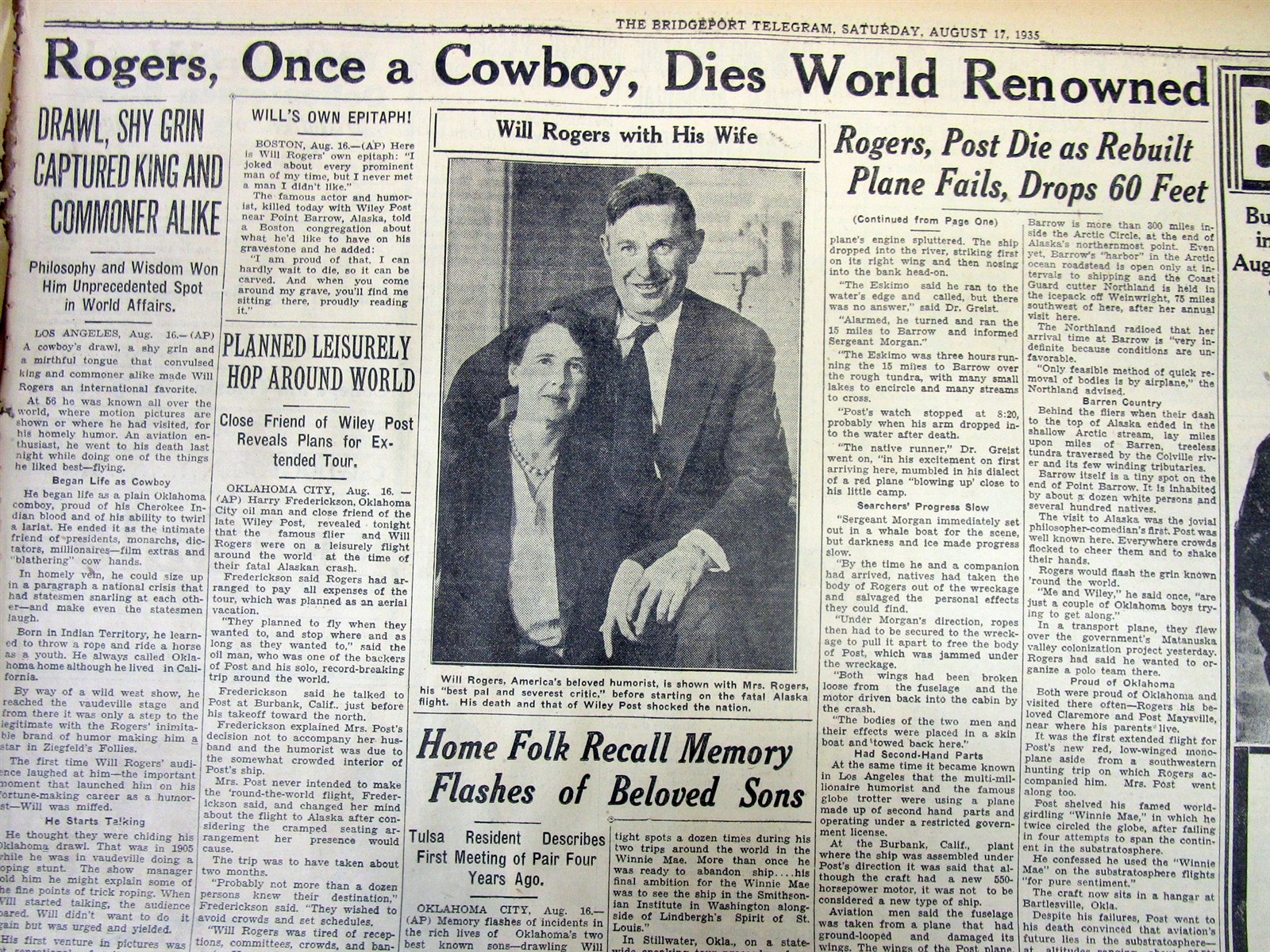 1935 newspaper WILL ROGERS & WILEY POST DIE in Alaska AVATION air plane CRASH
