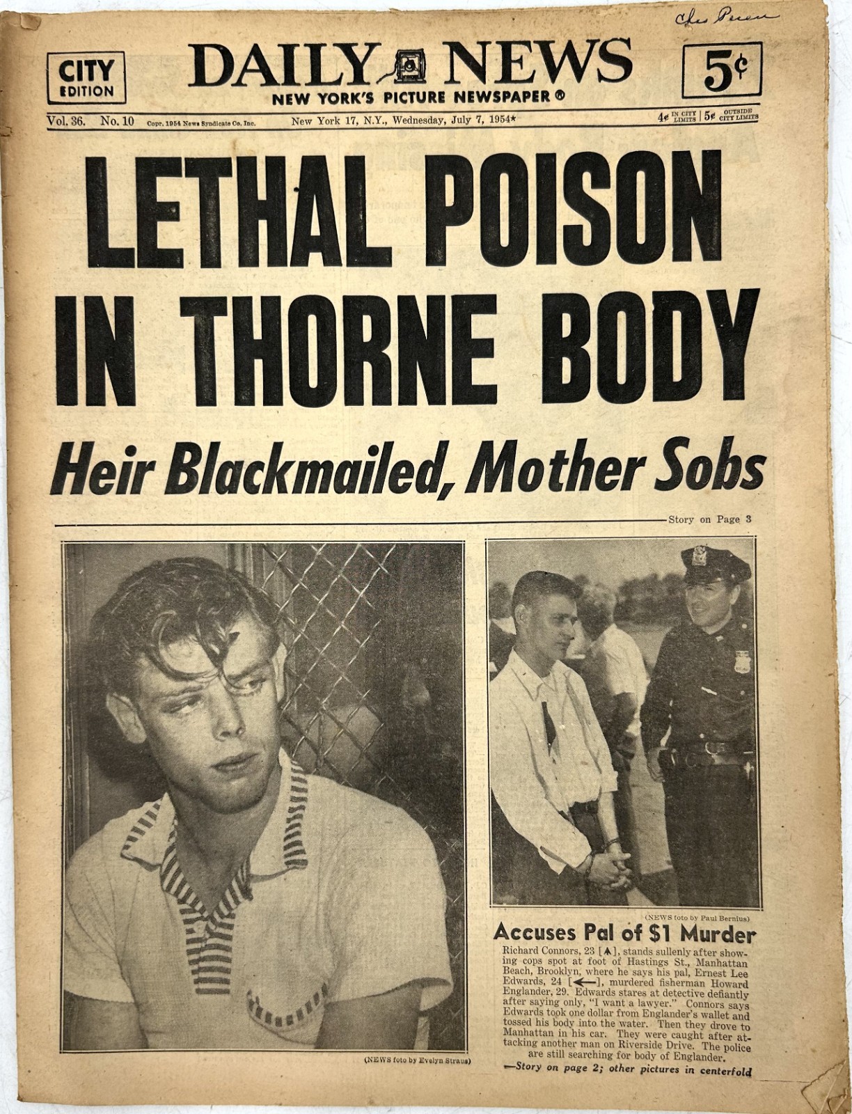 1954 July 7th NY DAILY NEWS Newspaper – Manhattan Beach Murder