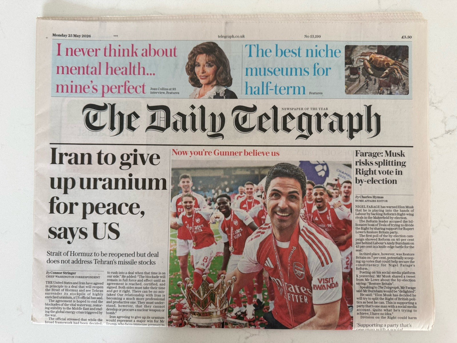 ARSENAL PREMIER LEAGUE TROPHY C.PALACE DAILY TELEGRAPH NEWSPAPER MAY 25 2026