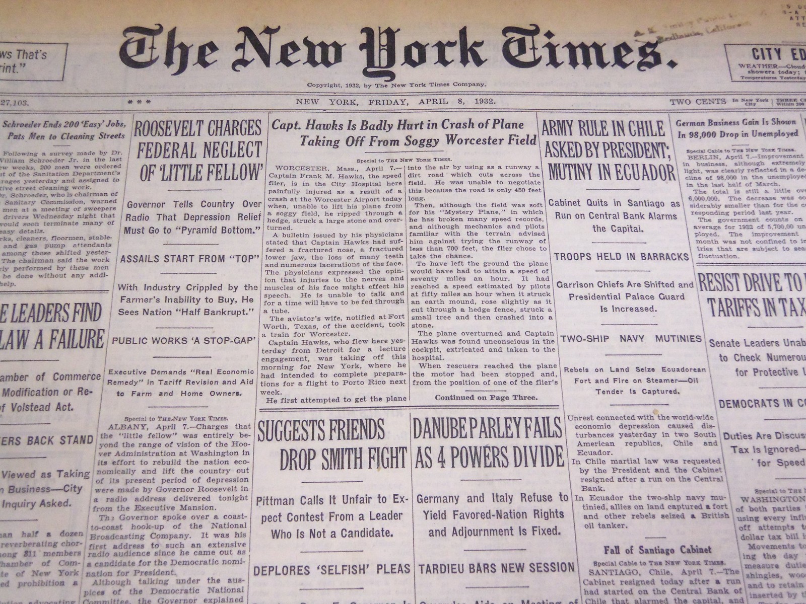 1932 APRIL 8 NEW YORK TIMES – CAPT. HAWKS IN PLANE CRASH – NT 4111