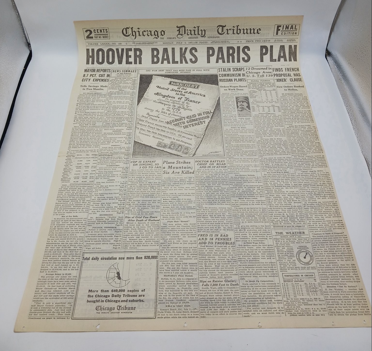 July 1931 Chicago Tribune Hoover Paris Plan Plane Crash Newspaper Page