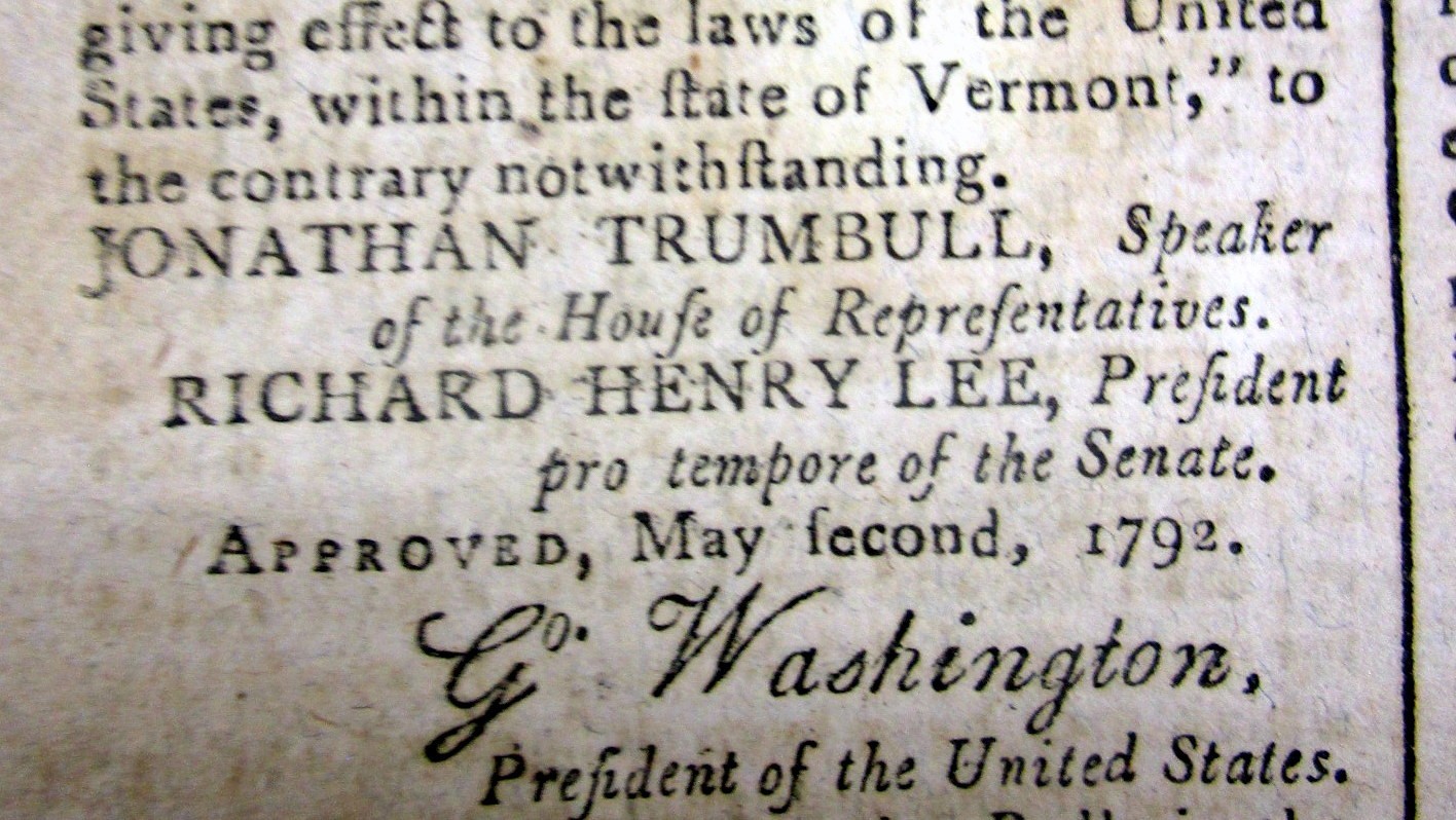 1792 newspaper GEO WASHINGTON signed Act FRONTIER US PROTECTION fm INDIAN ATTACK