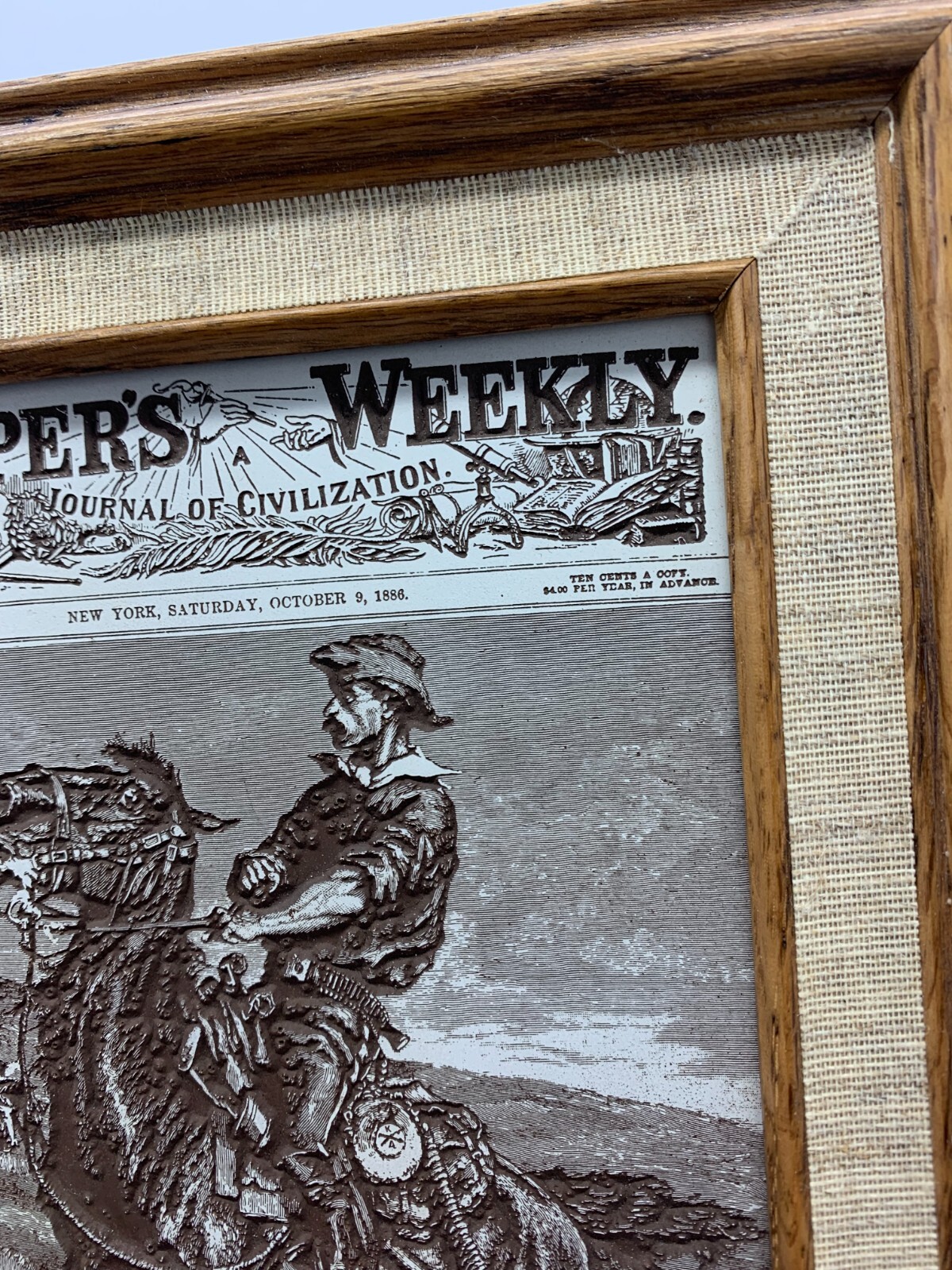 RARE OOAK Harper’s Weekly Incised Plaque Oct 9, 1886 Remington Print Wood Framed