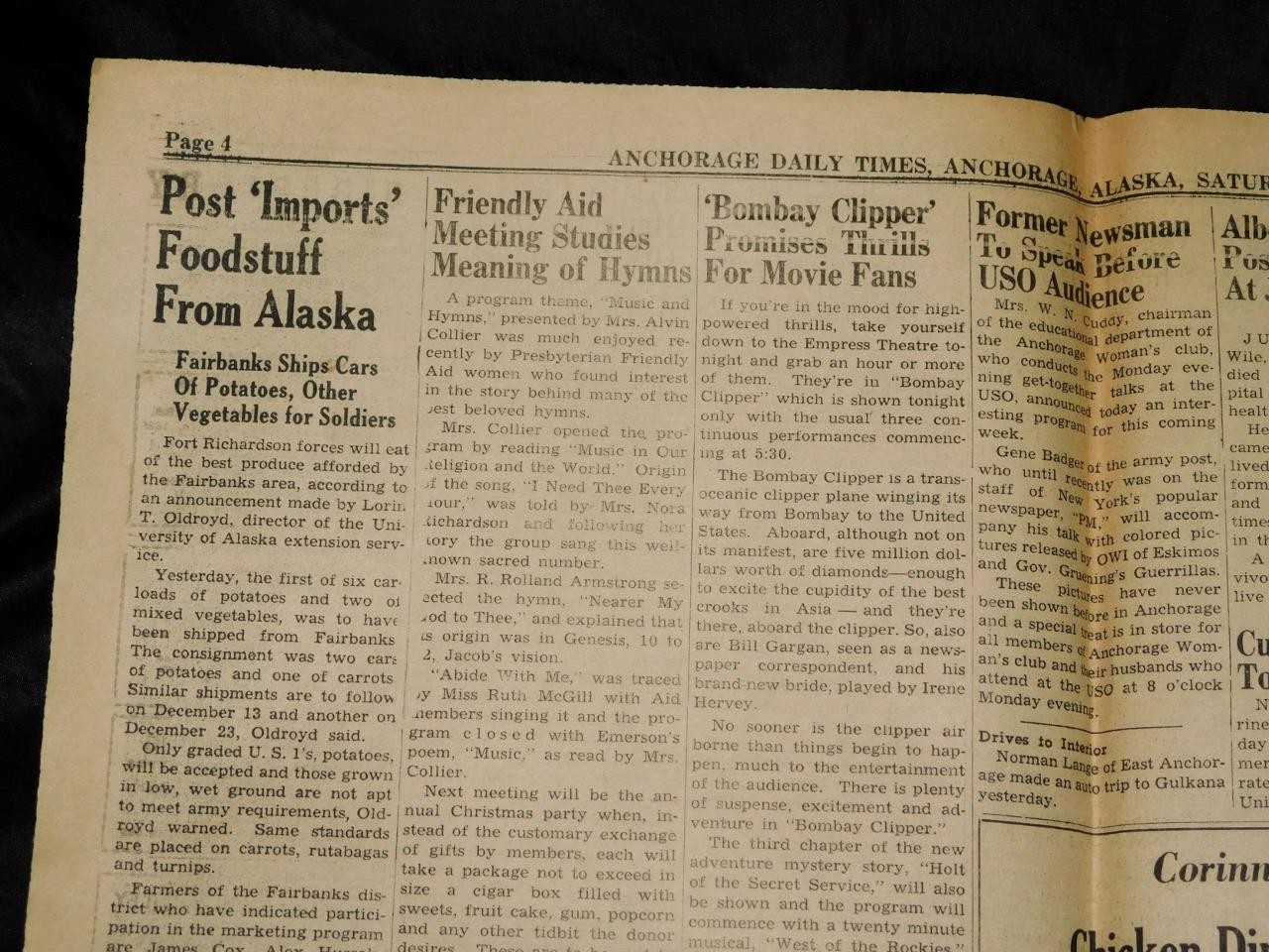 Dec 3 1945 Anchorage Alaska WW2 Newspaper Shatolik Dog Teams Air Plane Crash