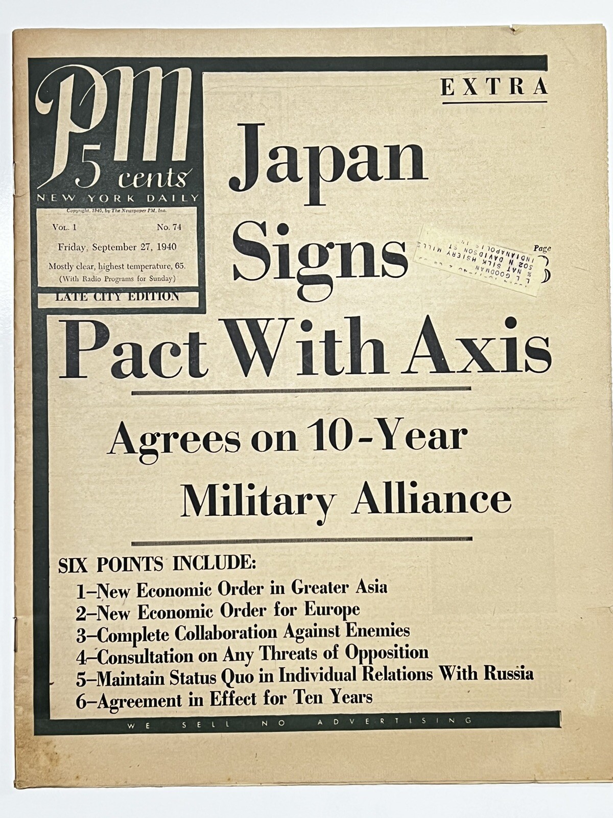 VTG 1940 WW2 PM New York Daily Newspaper WW II Sept 27- Japan Signs Pact w/Axis