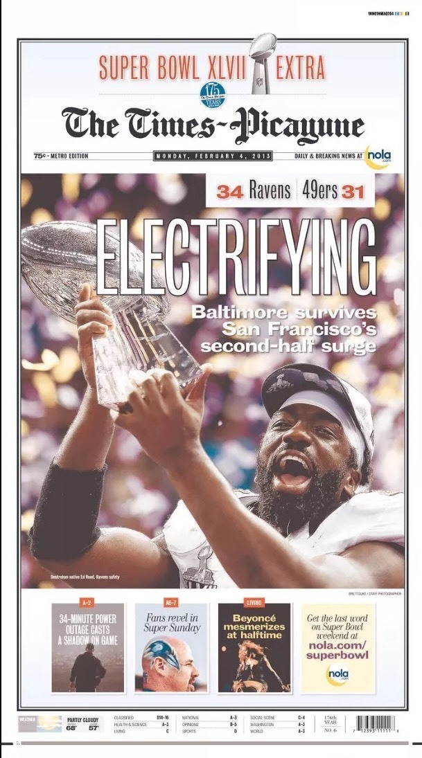 Baltimore Ravens Super Bowl XLVII 47 Champs New Orleans Newspaper Ed Reed Flacco