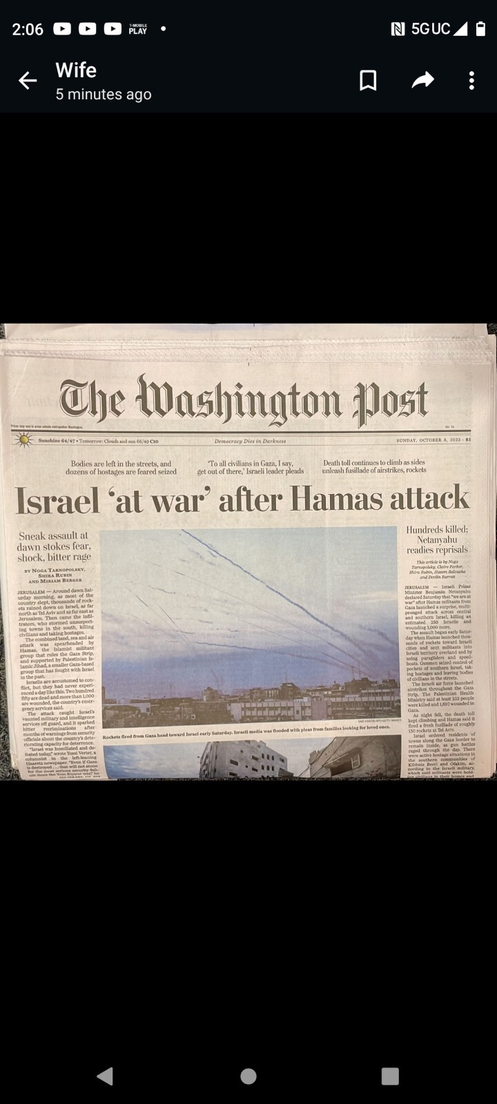 The Washington Post Sunday October 8 2023 Israel ‘At War’ After Hamas Attacks