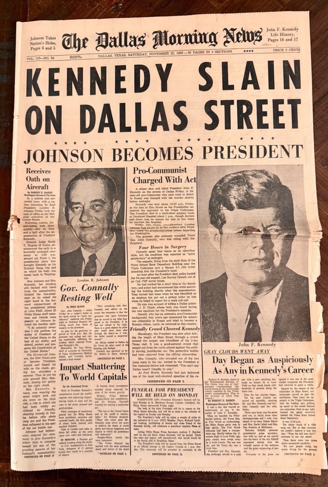 Original Dallas Morning News Nov. 23, 1963 JFK Assassination Front Page Reverse