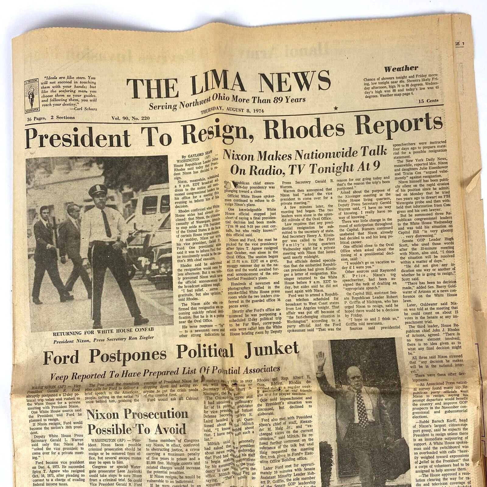 1974 Newspaper Nixon Resigns Lima News Ohio AUG 8 Vintage