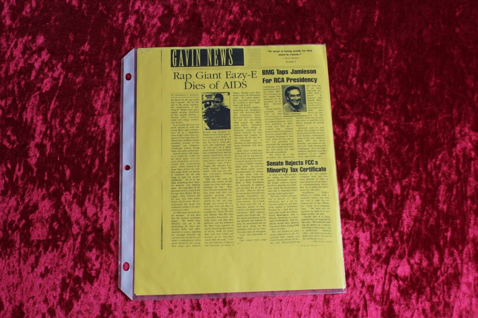EAZY E. “RAP GIANT” DIES OF AIDS, GAVIN NEWS COLOR YELLOW PAPER COPY.