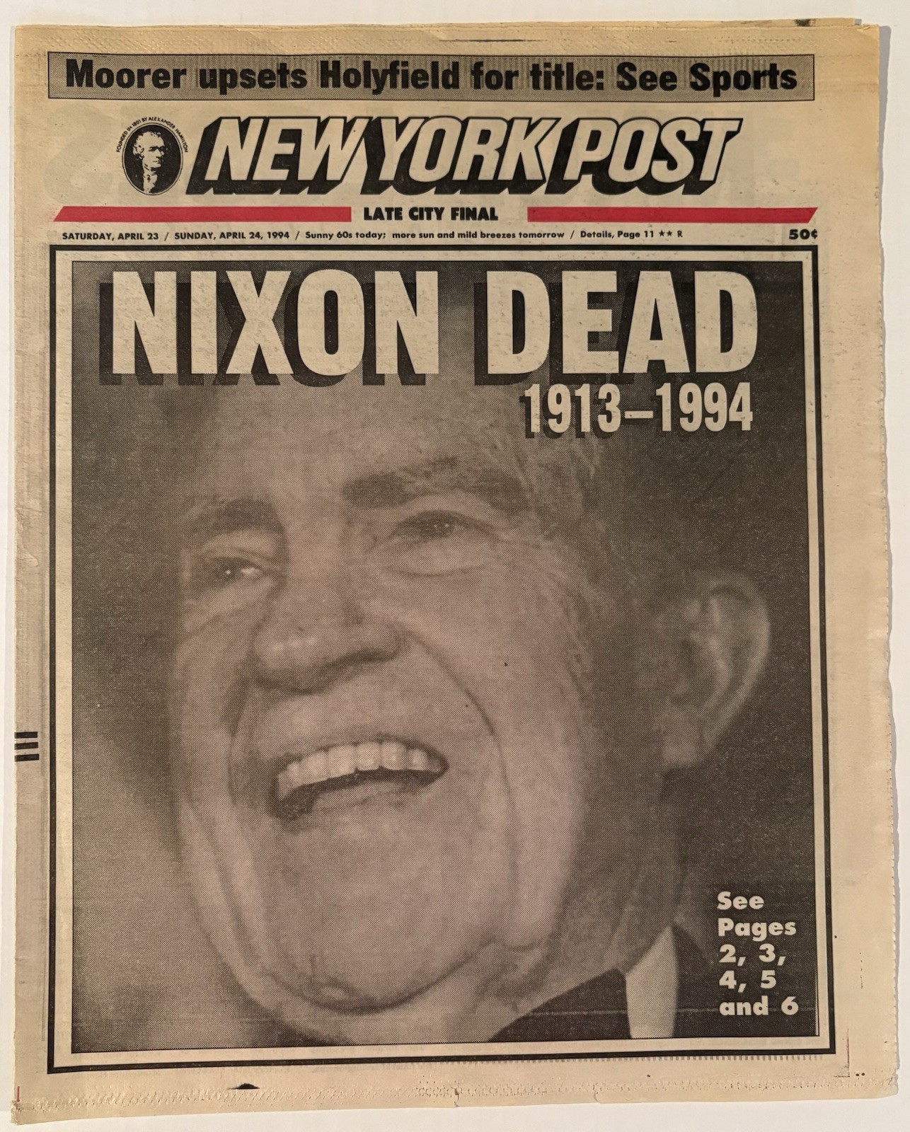 April 23, 1994 New York Post Richard Nixon Dead / Holyfield Loses Title