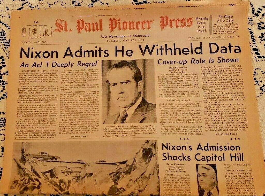 Nixon Admits He Withheld Data *St. Paul Pioneer Press: Aug 6, 1974 – 1st Section