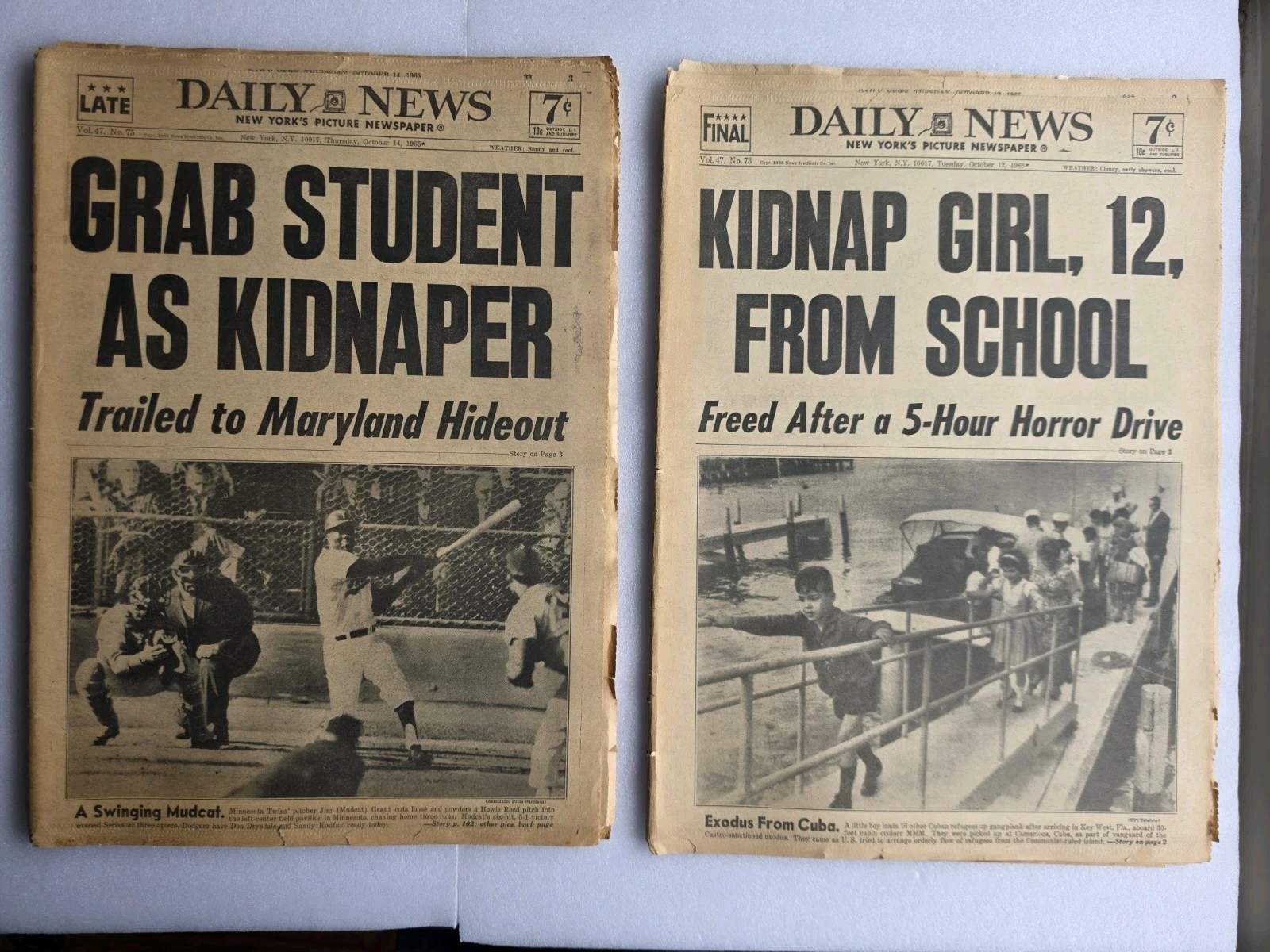 Lot of 2 – GIRL 12, KIDNAP FROM SCHOOL New York Daily News October 12 & 14 1965
