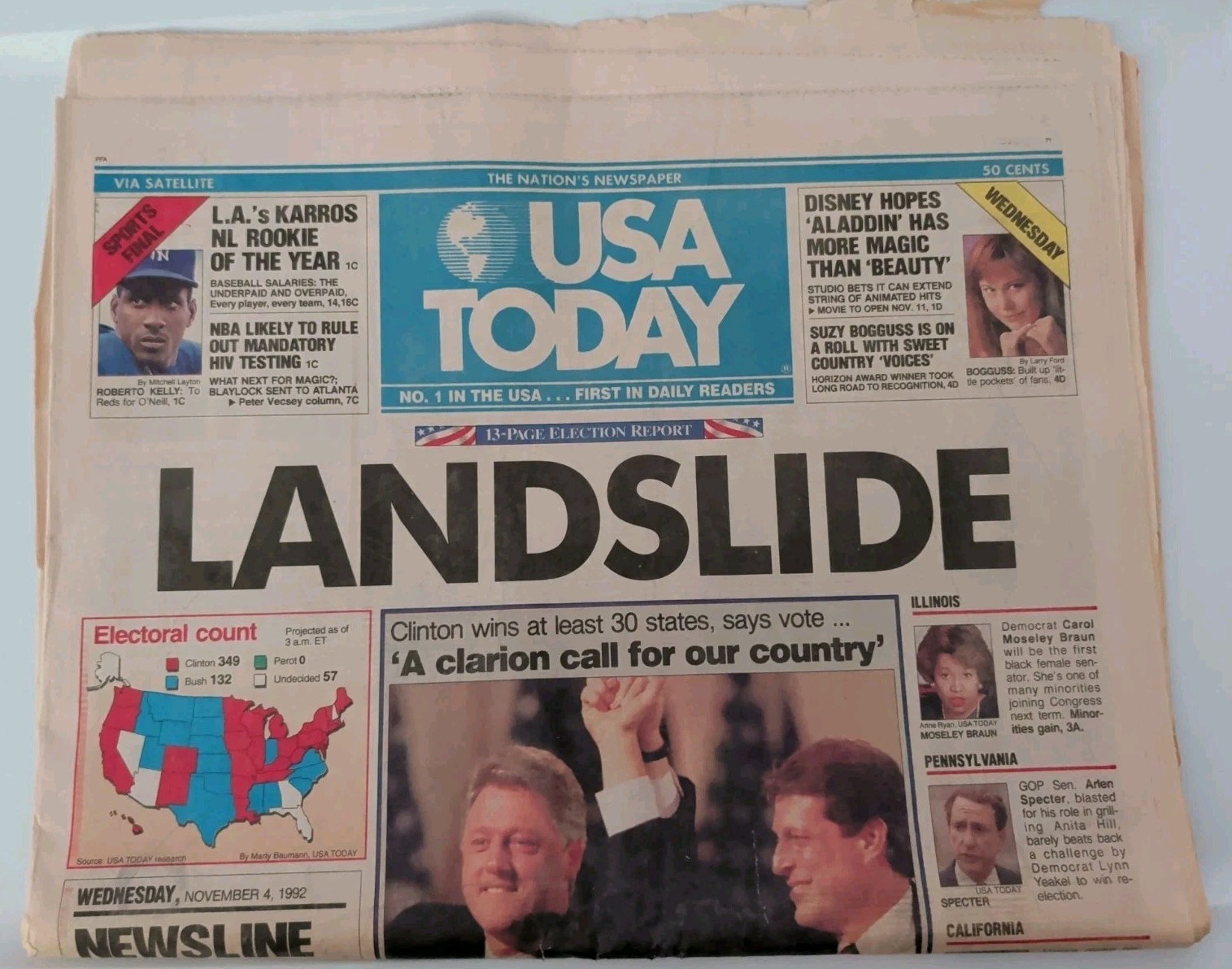 Bill Clinton Elected President USA Today Newspaper November 4, 1992 Full Edition