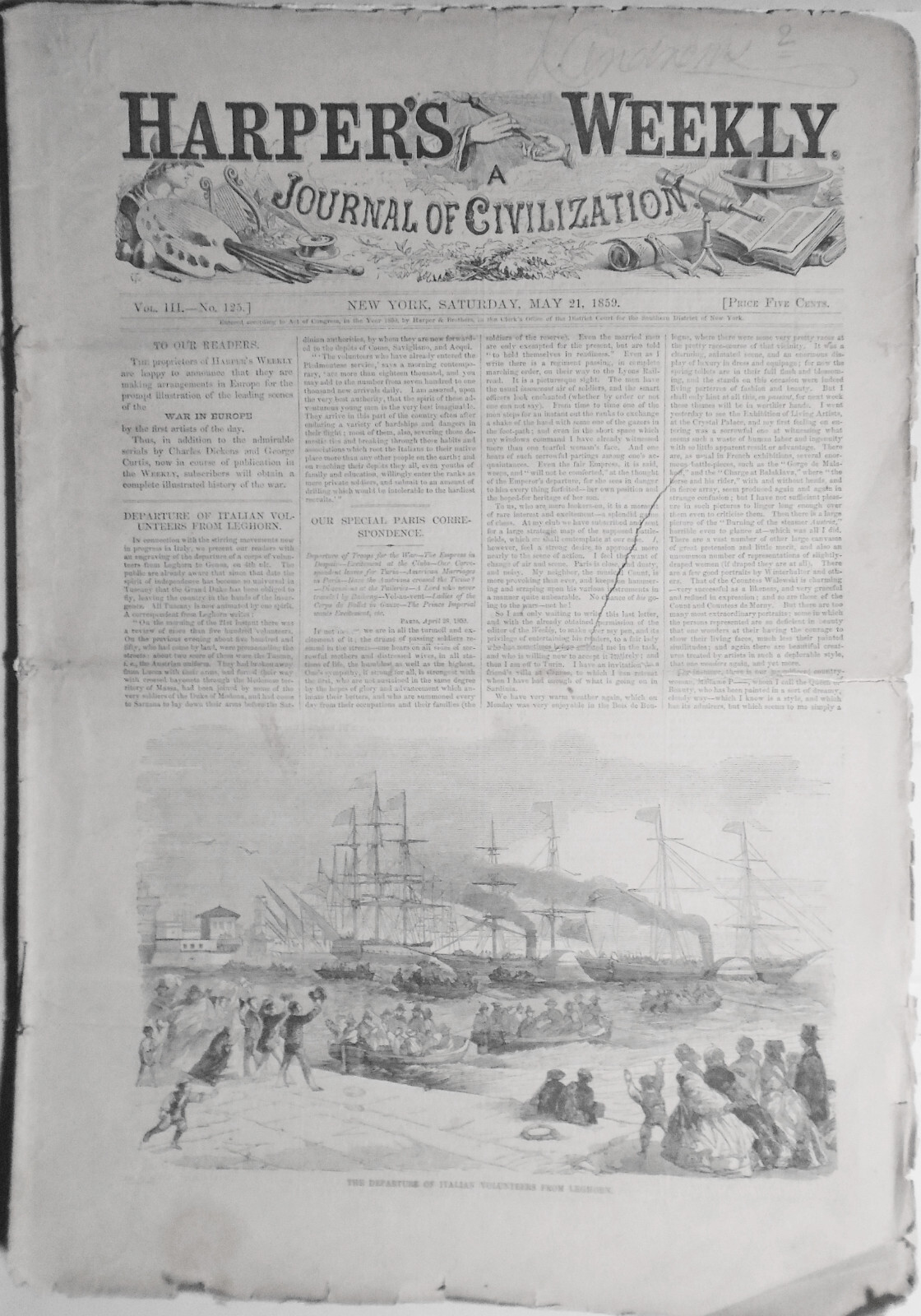Harper’s Weekly May 21, 1859 Crisis In Italy; Dickens; Sardinian Fortifications