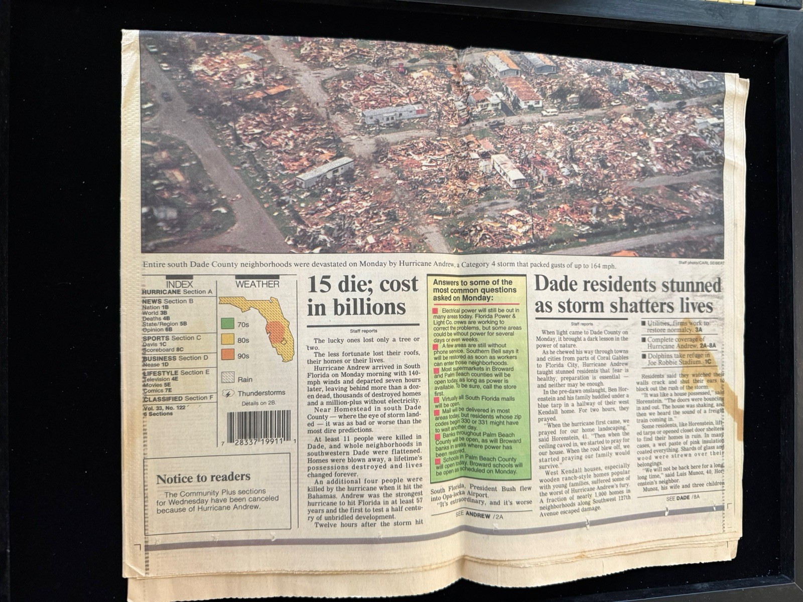 Hurricane Andrew Sun-Sentinel Newspaper Path Of Terror Florida August 25 1992