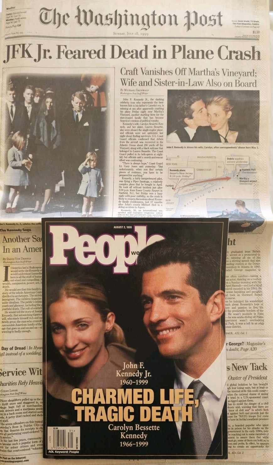 JFK Jr PLANE CRASH Washington Post July 18 1999 plus People Magazine Aug 2 1999