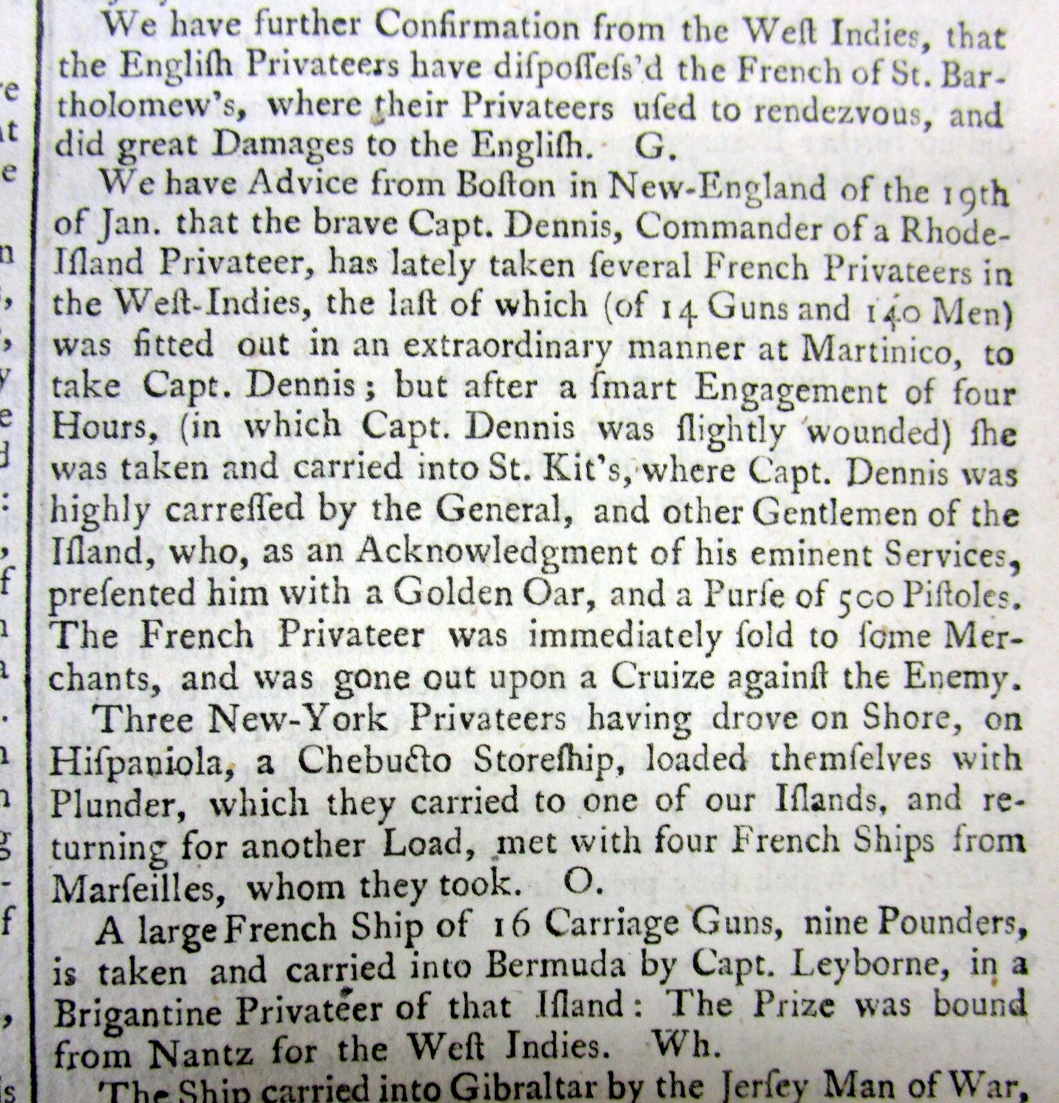 1747 newspaper Rhode Island privateer captures French ships – KING GEORGE’S WAR