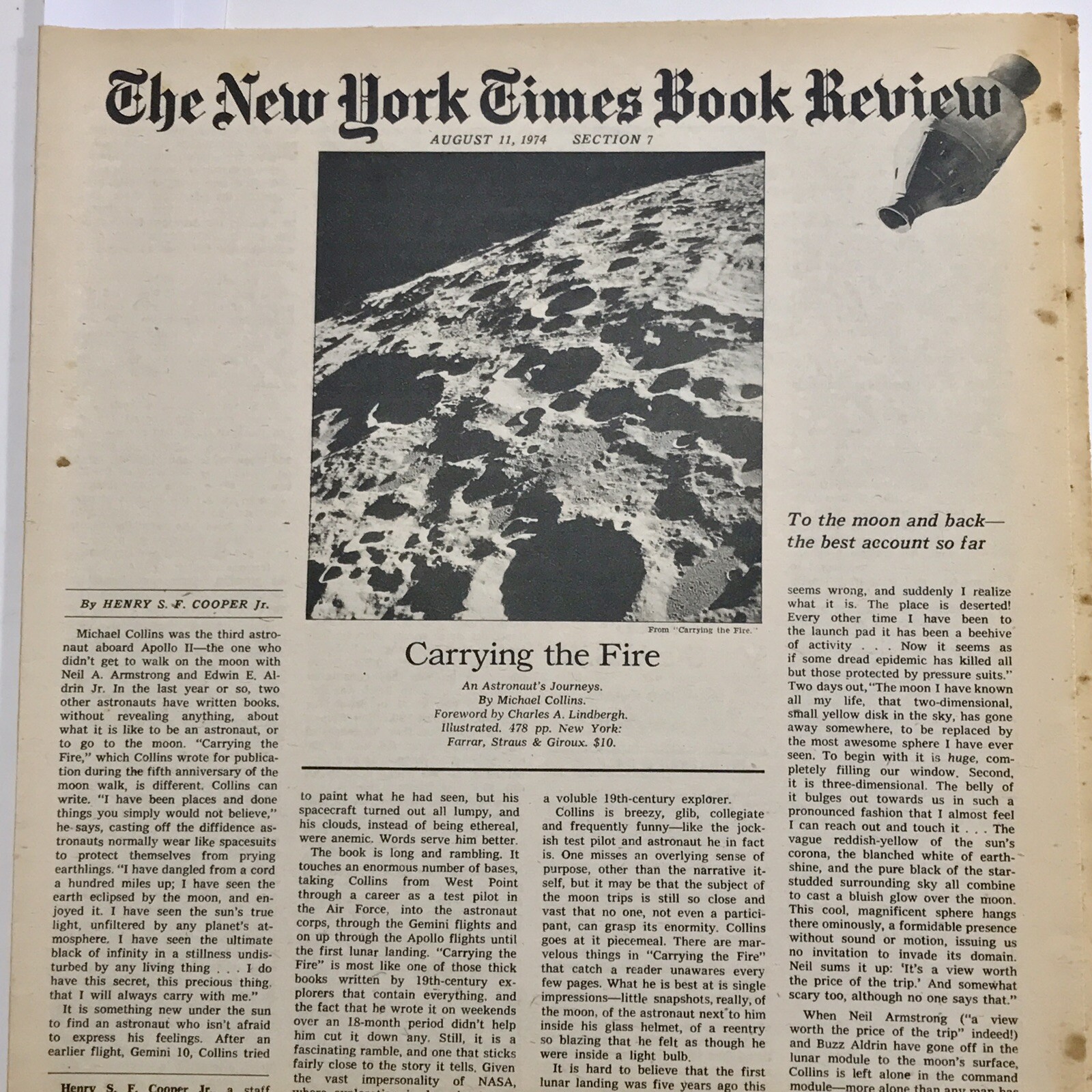 1974 Carrying The Fire Mike Collins Cover-NY Times Book 8/11 Newspaper Apollo 2