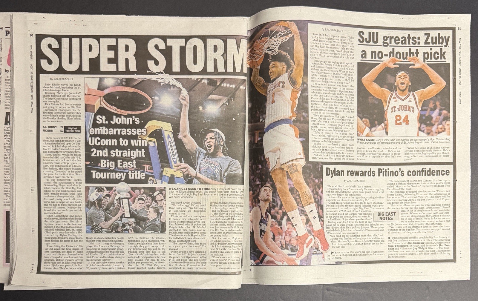 3/15/26 – St. John’s Red Storm – BIG EAST CHAMPS – NY Post Newspaper