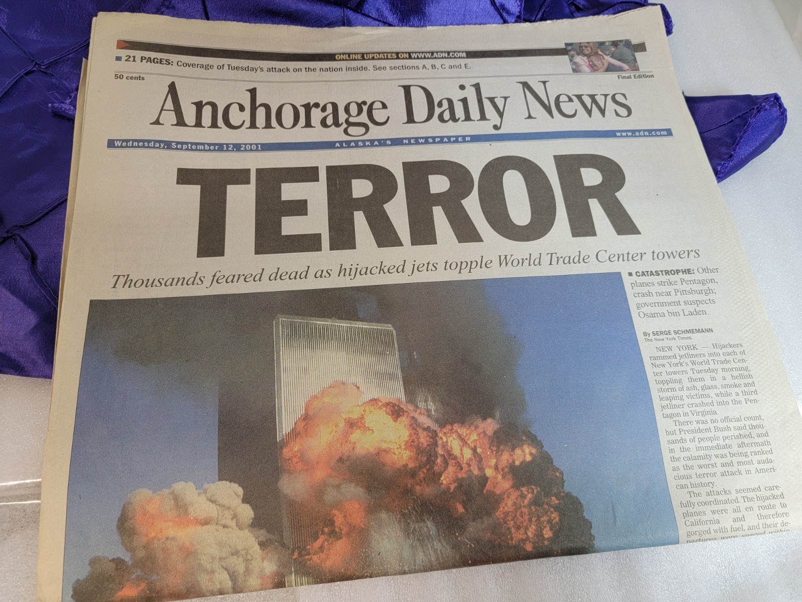 Vintage Newspaper ~ANCHORAGE DAILY NEWS ~ 9-12, 9-13, 9-14, 9-16, 9-30-2001