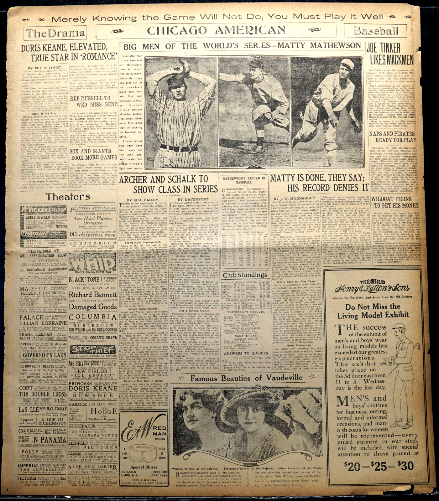 1913 Chicago Sports Page – Big Men of The World Series, Christy Mathewson