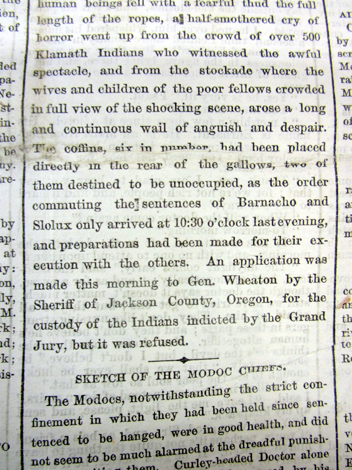 1873 NY Times newspaper The MODOC INDIAN WAR ENDS with HANGING of the LEADERS
