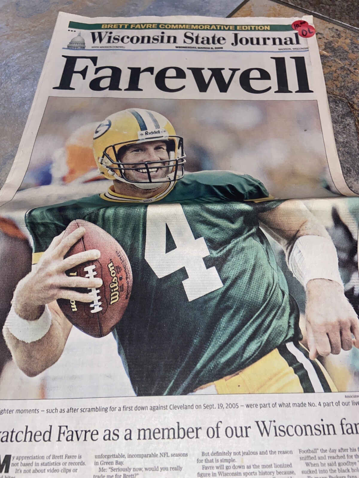 2008 Wisconsin State Journal Brett Favre Commemorative Edition “ Farewell”