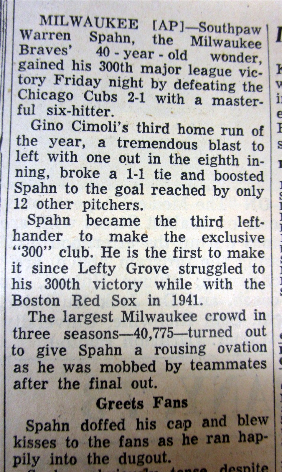 1961 newspaper MILWAUKEE BRAVES pitcher WARREN SPAHN WINS 300th ML BASEBALL GAME