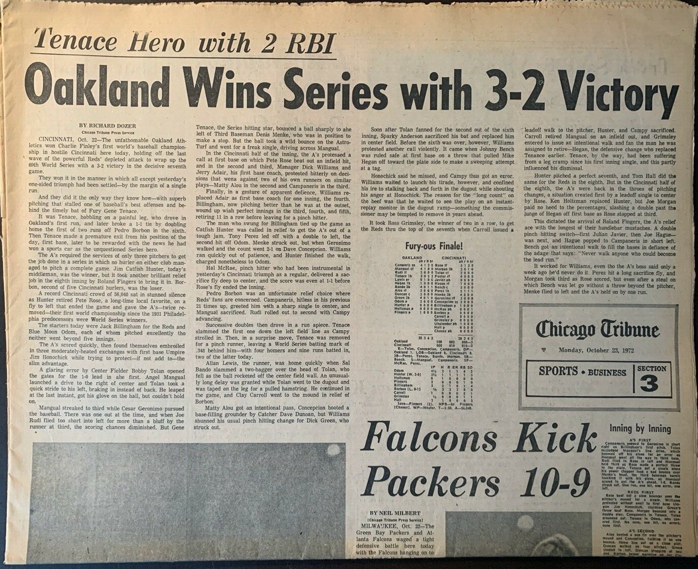Oakland A’s win the World Series – 10/23/1972 Chicago Tribune Sports