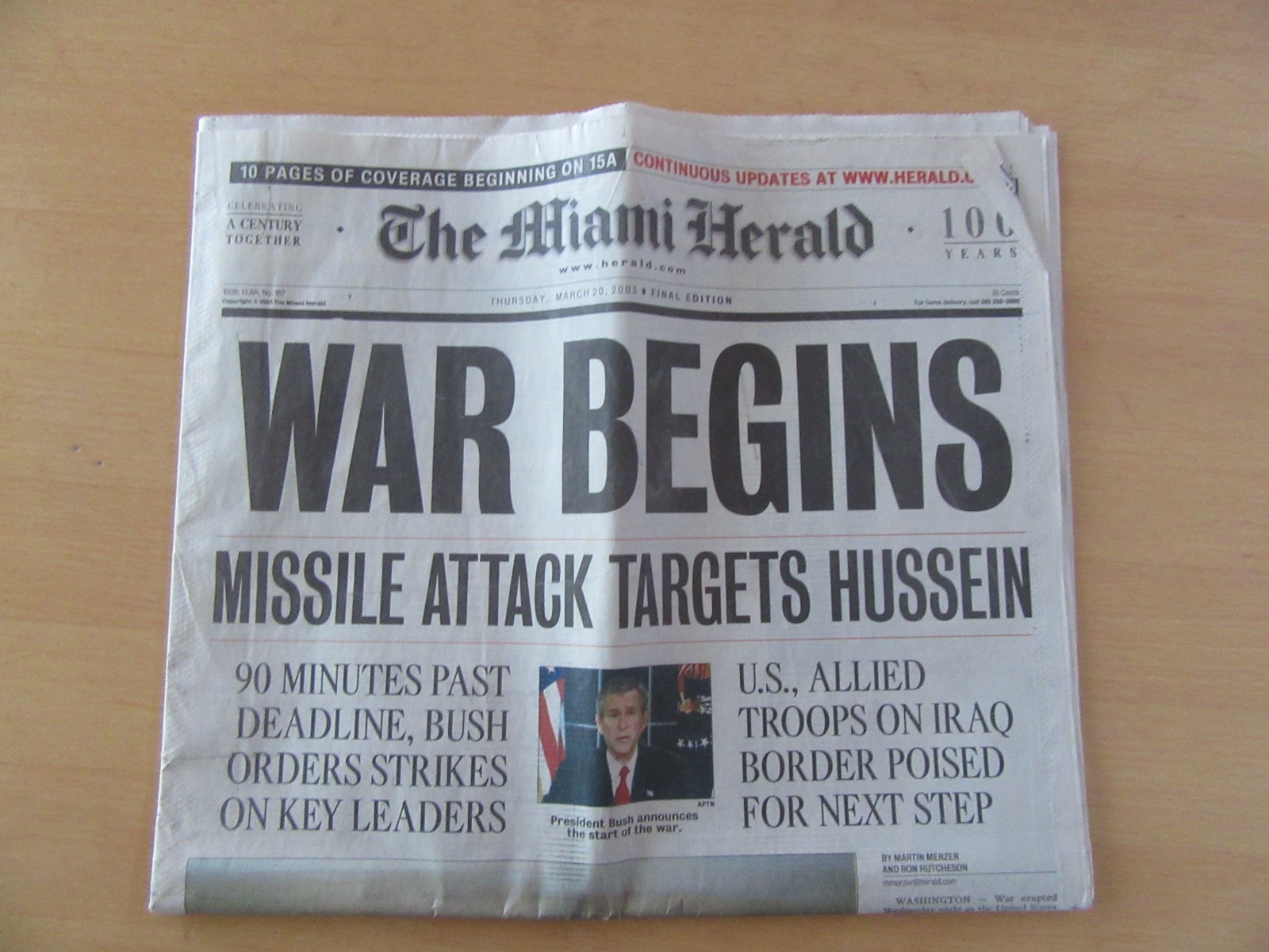 The Miami Herald Newspaper – March 20, 2003 – WAR BEGINS – Section A only