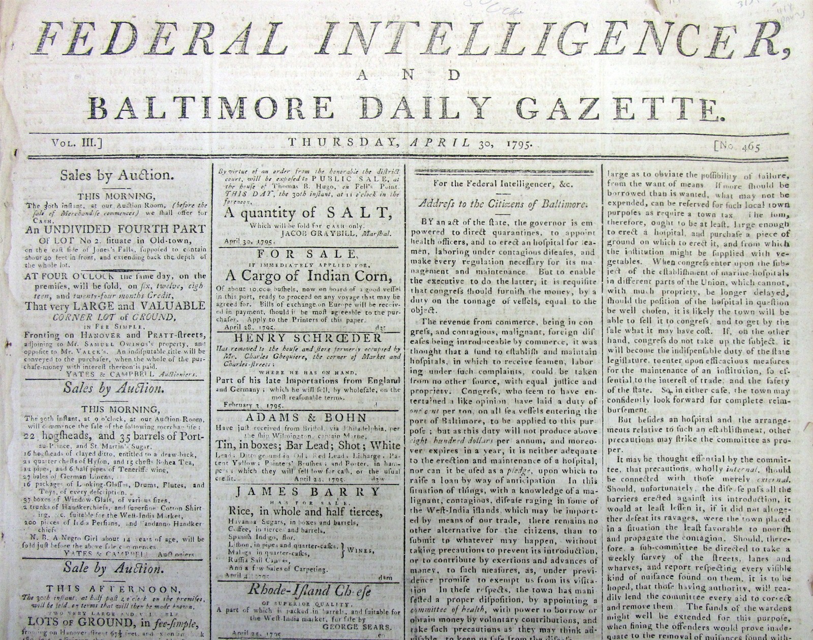 1795 Baltimore MARYLAND newspaper with 2 RUNAWAY SLAVE CAPTURE / REWARD ADS