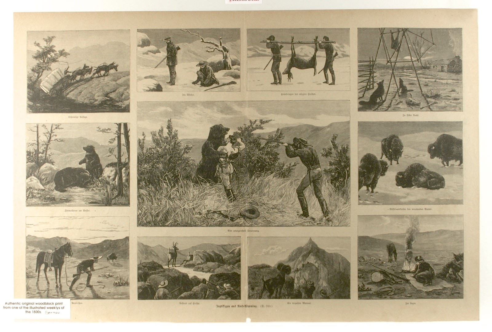1880s ORIGINAL German Weekly 2pg 15×22 WOODBLOCK PRINT»”Hunting in Wyoming”«FINE
