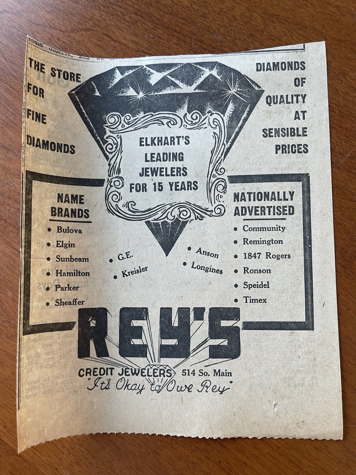 Rey’s Credit Jewelers Fine Diamonds 1958 Newspaper Ad Clipping Elkhart IN