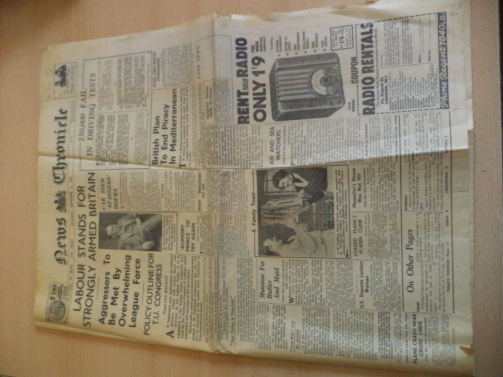 OLD ANTIQUE ORIG 1930s NEWSPAPER 1937 chronicle BATTLE OF THE MED driving tests