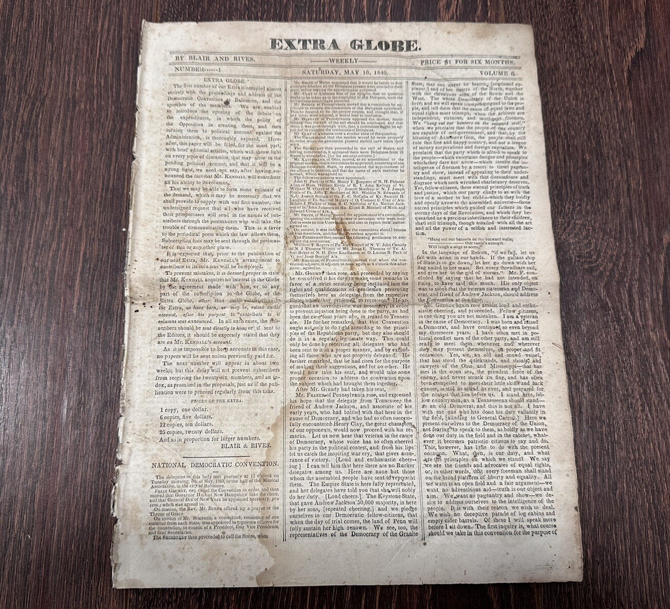 1840 Democratic National Convention Overview Pre Civil War Extra Globe Newspaper